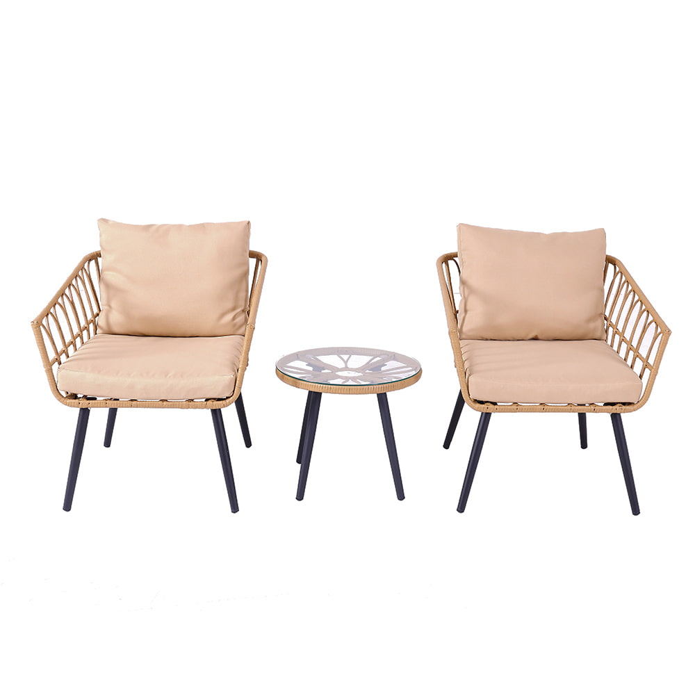 WYHS-T249 3-Piece Outdoor Rattan Patio Furniture Set, Simple Wicker Patio Chair with Coffee Table and Waterproof Cushions.