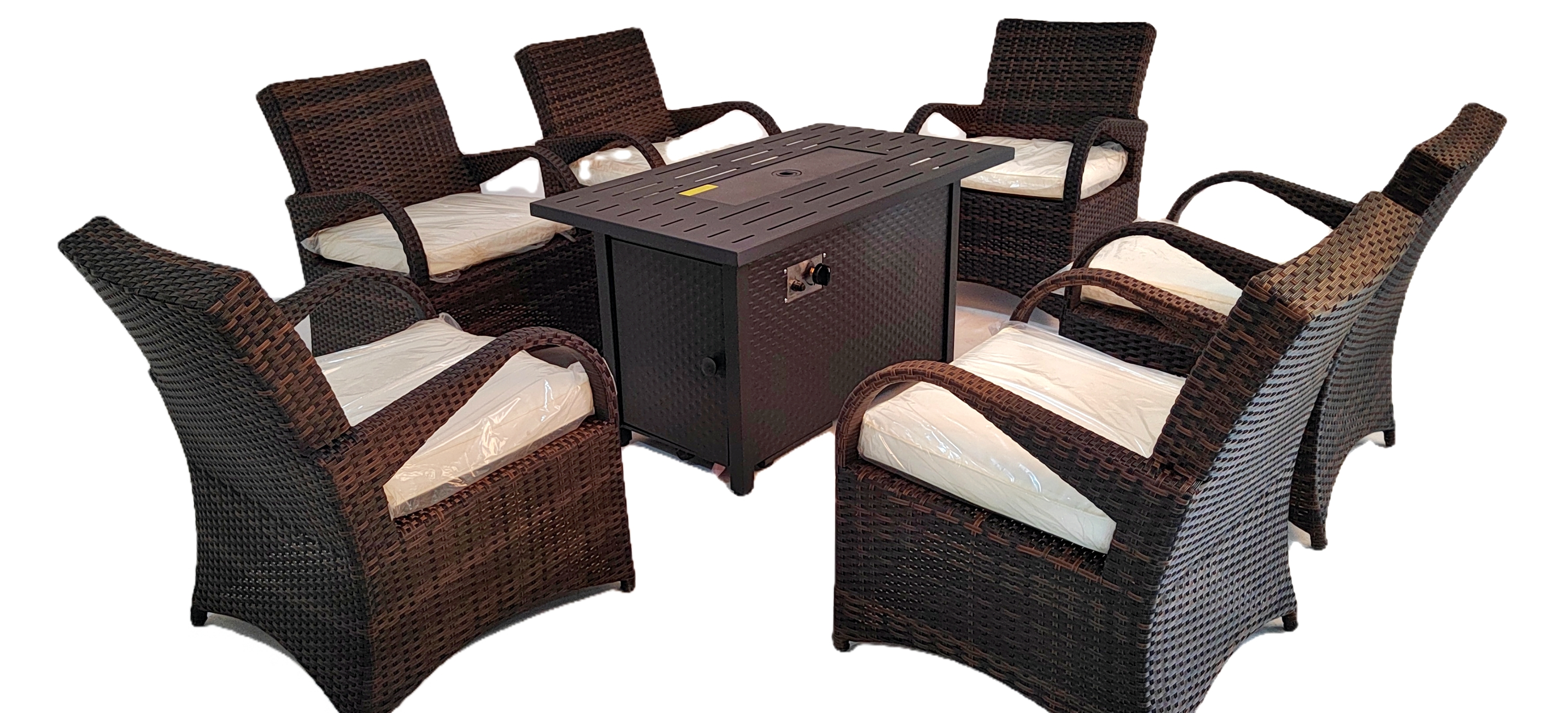 7-pieces rattan dinning sofa,chairs with a fire pit table