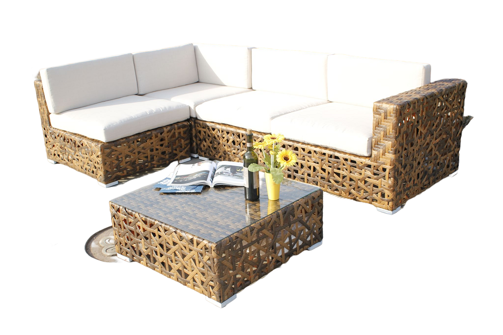 5-piece outdoor rattan sofa, beige PE rattan furniture dialogue set with teatable