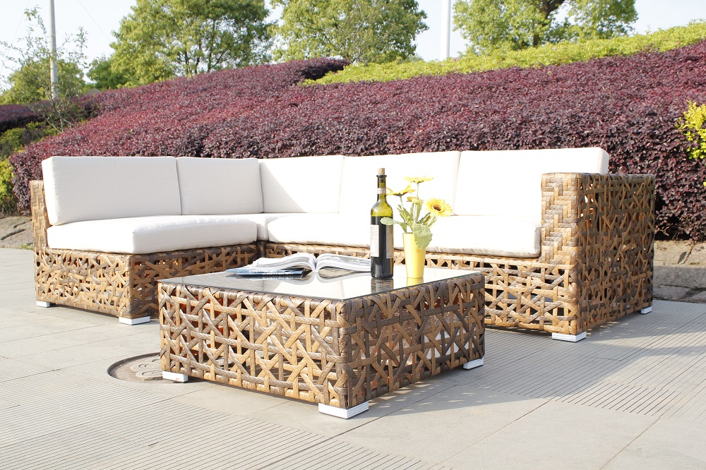 4-Piece Outdoor Rattan Sofa, Yellow PE Rattan Furniture Dialogue Set with Teatable