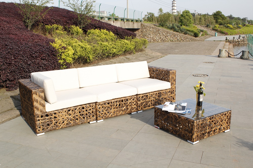 4-Piece Outdoor Rattan Sofa, Yellow PE Rattan Furniture Dialogue Set with Teatable
