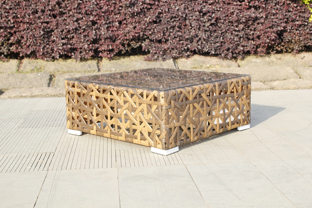 4-Piece Outdoor Rattan Sofa, Yellow PE Rattan Furniture Dialogue Set with Teatable
