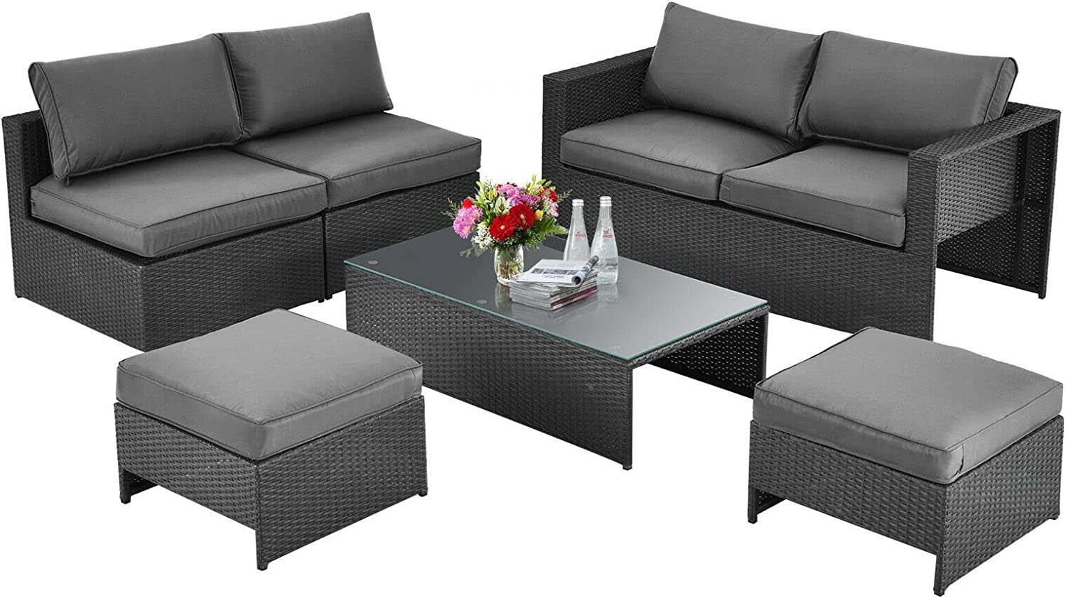 6PCS Patio Rattan Furniture Set Space Saving Cushioned No Assembly Loveseat Armless Sofa