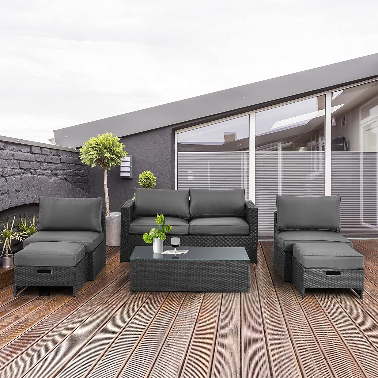 6PCS Patio Rattan Furniture Set Space Saving Cushioned No Assembly Loveseat Armless Sofa
