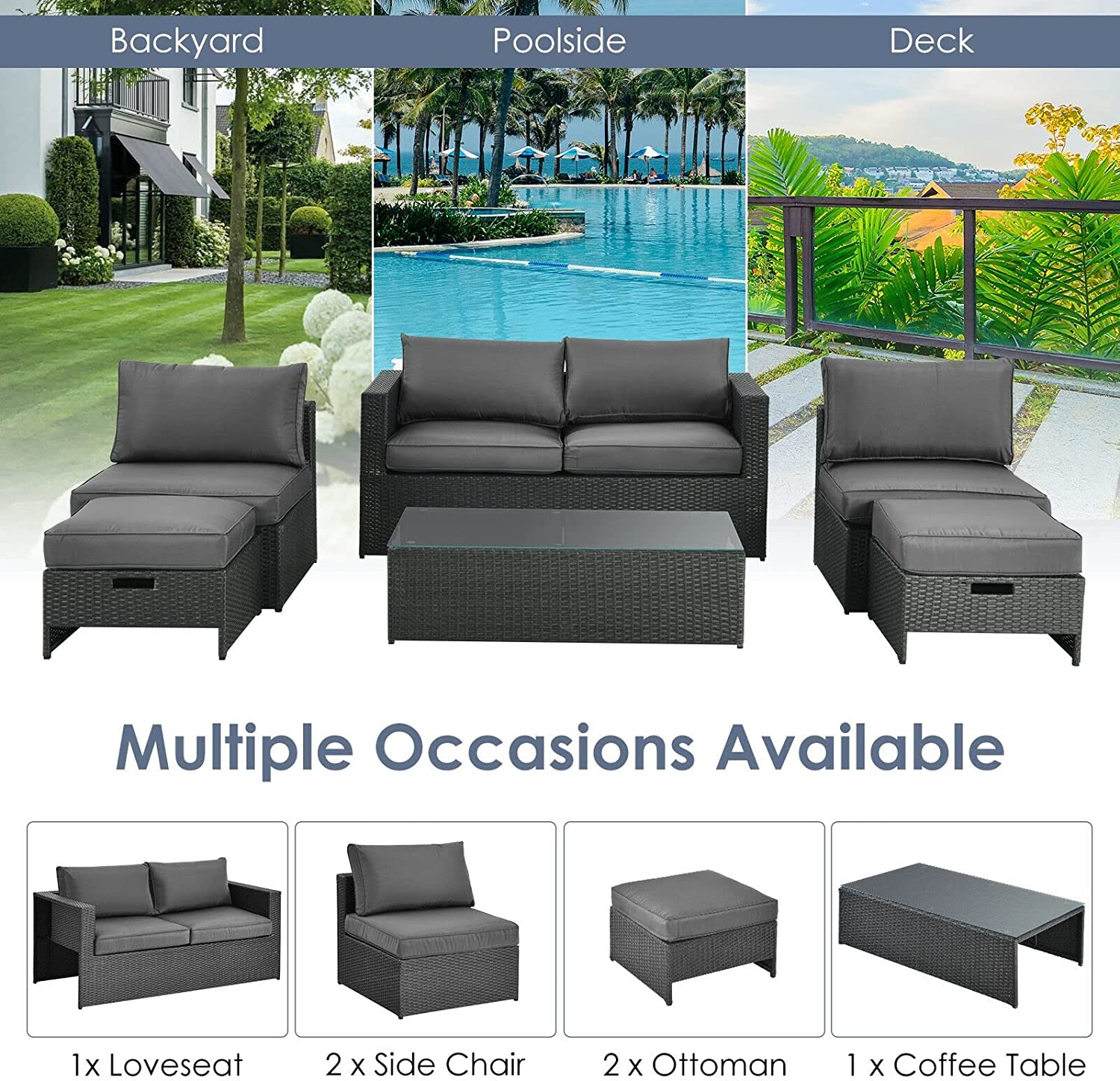 6PCS Patio Rattan Furniture Set Space Saving Cushioned No Assembly Loveseat Armless Sofa