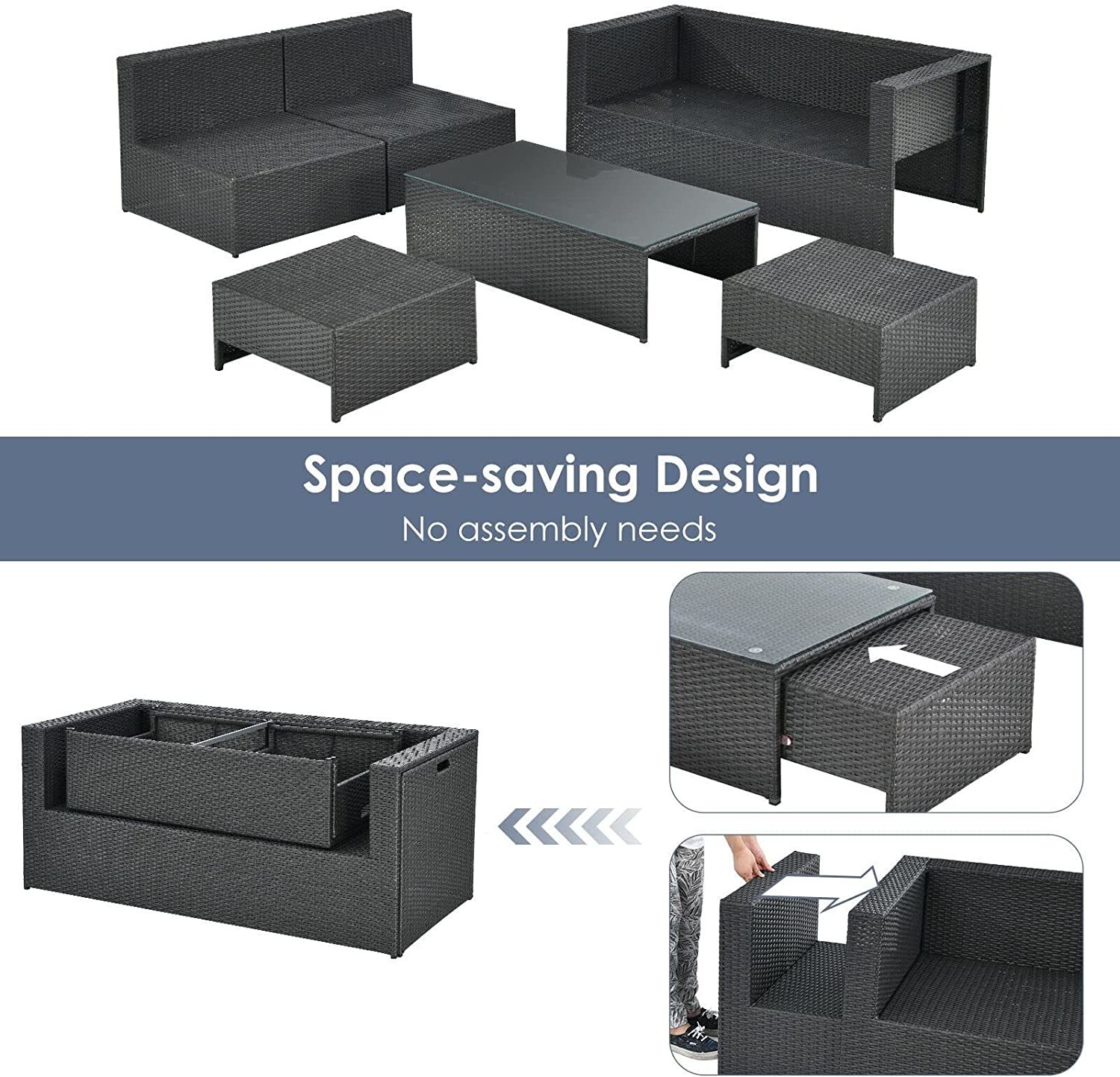 6PCS Patio Rattan Furniture Set Space Saving Cushioned No Assembly Loveseat Armless Sofa
