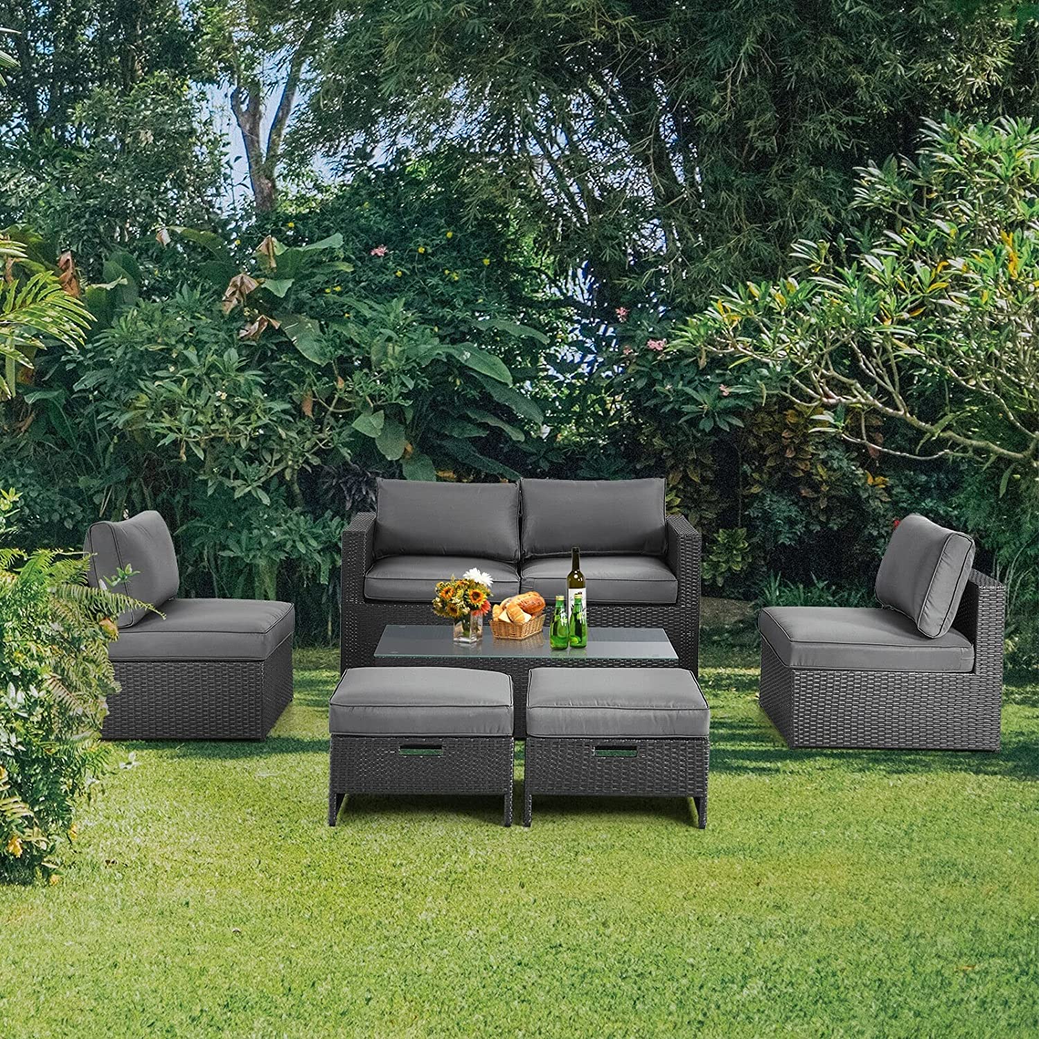 6PCS Patio Rattan Furniture Set Space Saving Cushioned No Assembly Loveseat Armless Sofa
