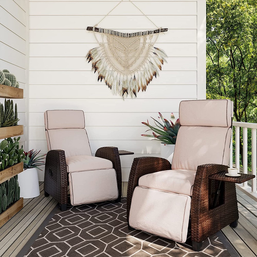  Patio Indoor & Outdoor  Recliner PE Rattan with Flip Table Push Back Reclining Lounge Chair