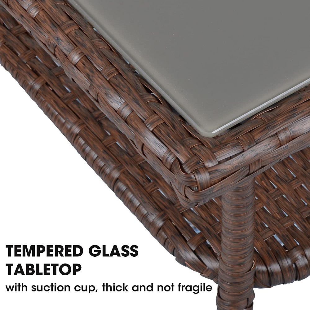 Outdoor Rattan Side Table for Patio, Aluminum Frame Square Glass Top Coffee Table, Brown