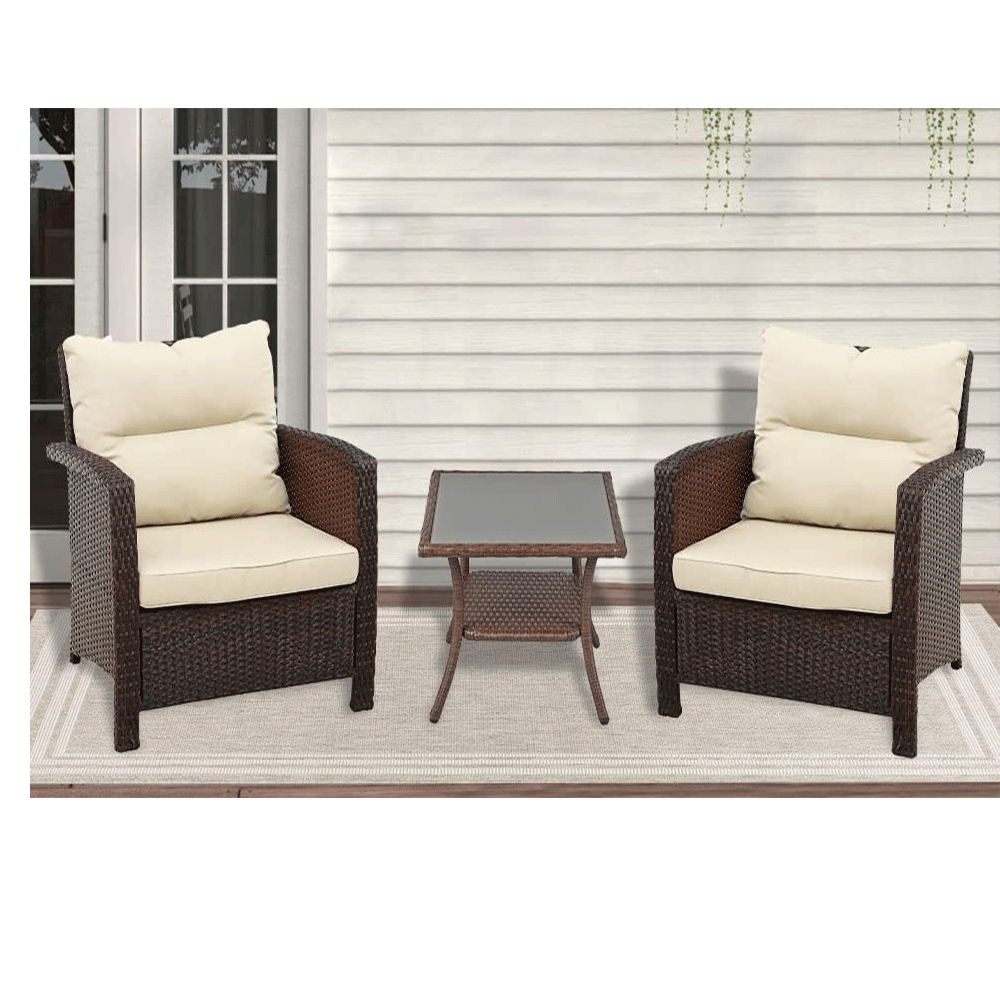 Outdoor Rattan Side Table for Patio, Aluminum Frame Square Glass Top Coffee Table, Brown