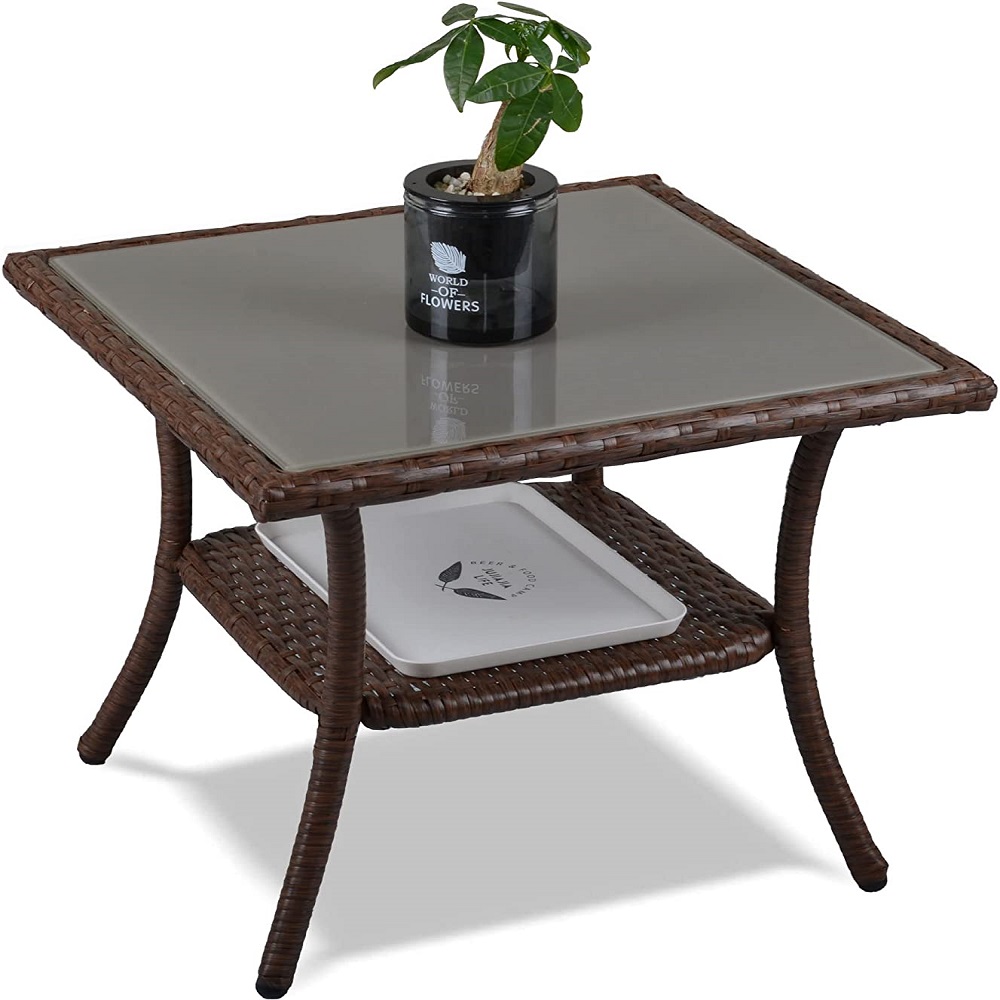 Outdoor Rattan Side Table for Patio, Aluminum Frame Square Glass Top Coffee Table, Brown