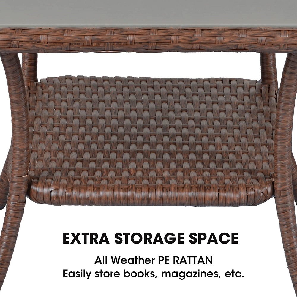 Outdoor Rattan Side Table for Patio, Aluminum Frame Square Glass Top Coffee Table, Brown