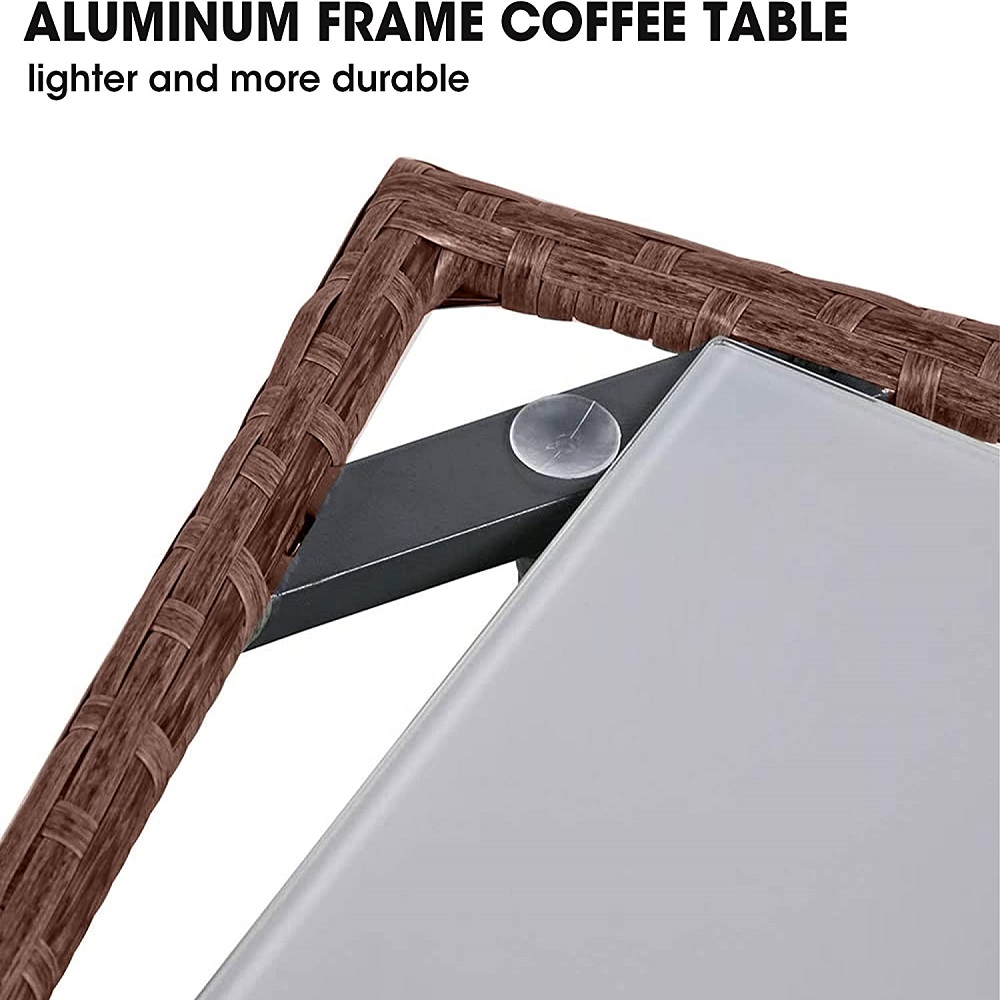 Outdoor Rattan Side Table for Patio, Aluminum Frame Square Glass Top Coffee Table, Brown