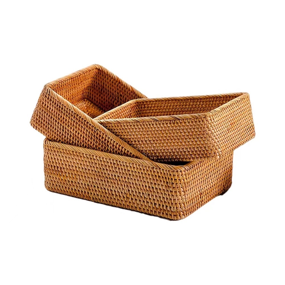 WYHUSEN-3 Pack Rectangular Rattan Storage Baskets, Bulk Shallow Wicker Baskets for Decor, Handmade Woven Nesting Bread Baskets for Organizing, Serving, for Kitchen, Home, 3 Sizes