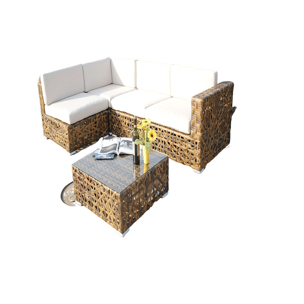 4-Piece Outdoor Rattan Sofa, Yellow PE Rattan Furniture Dialogue Set with Teatable