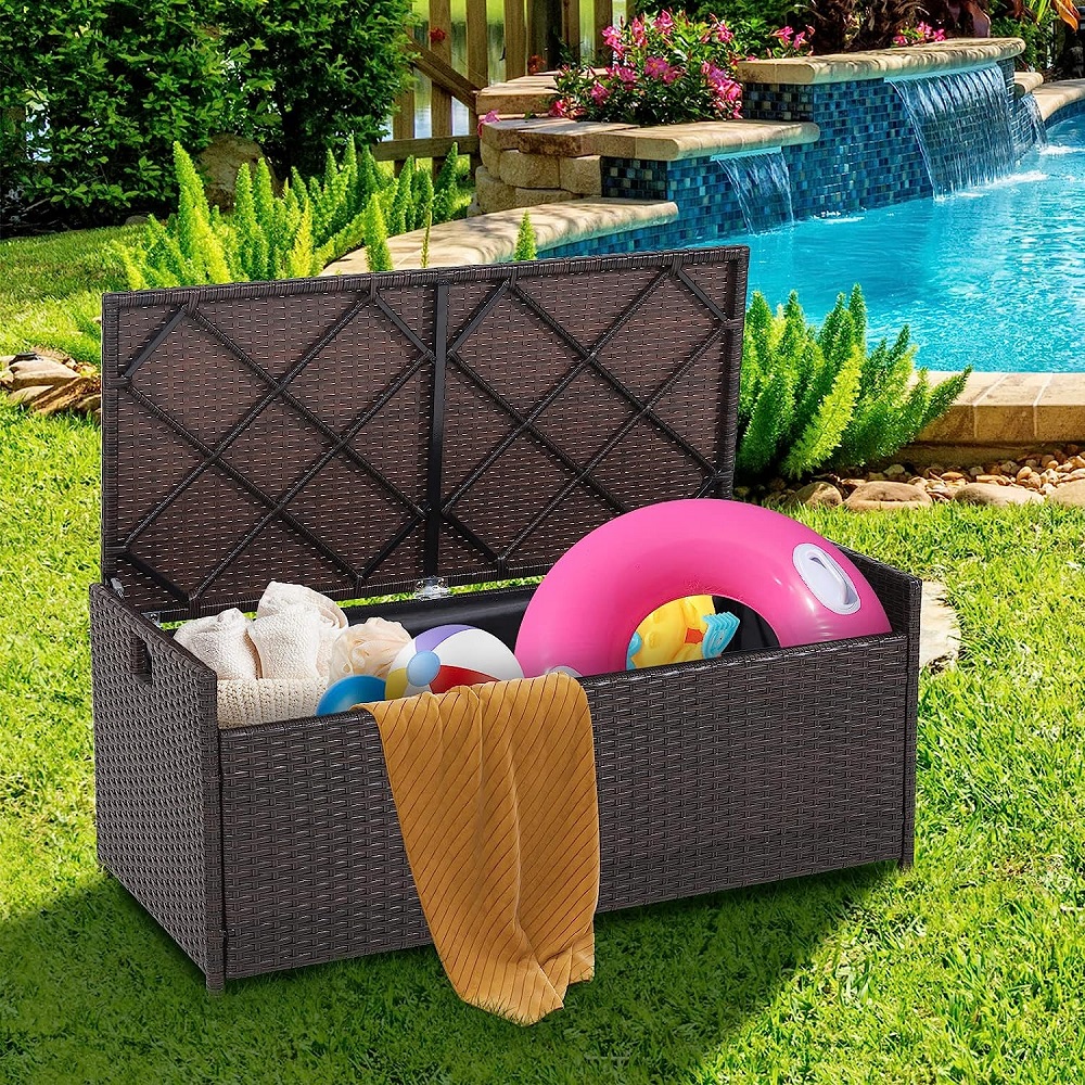WYHS-T292 Outdoor Storage Bench with Seat Cushion, Patio Mix Brown Wicker Deck Box with Waterproof Liner and Side Handles, Outdoor Storage Bench for Cushions, Garden Tools, Pool Accessories