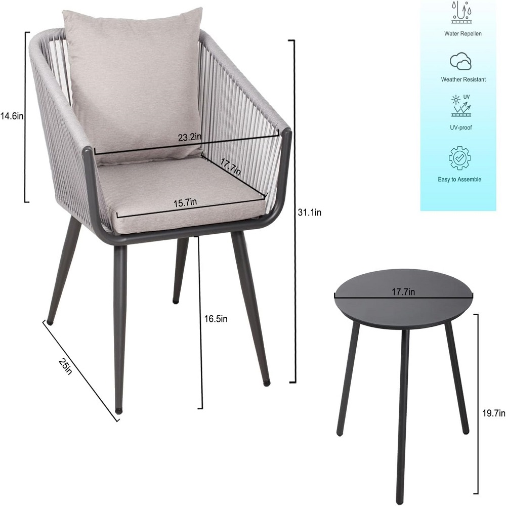 All-Weather Outdoor & Indoor Patio Conversation Bistro Set of 3,2-Piece Woven Chairs with Cushions + Side Table,Aluminium Frame for Backyard,Balcony,Garden,Porch