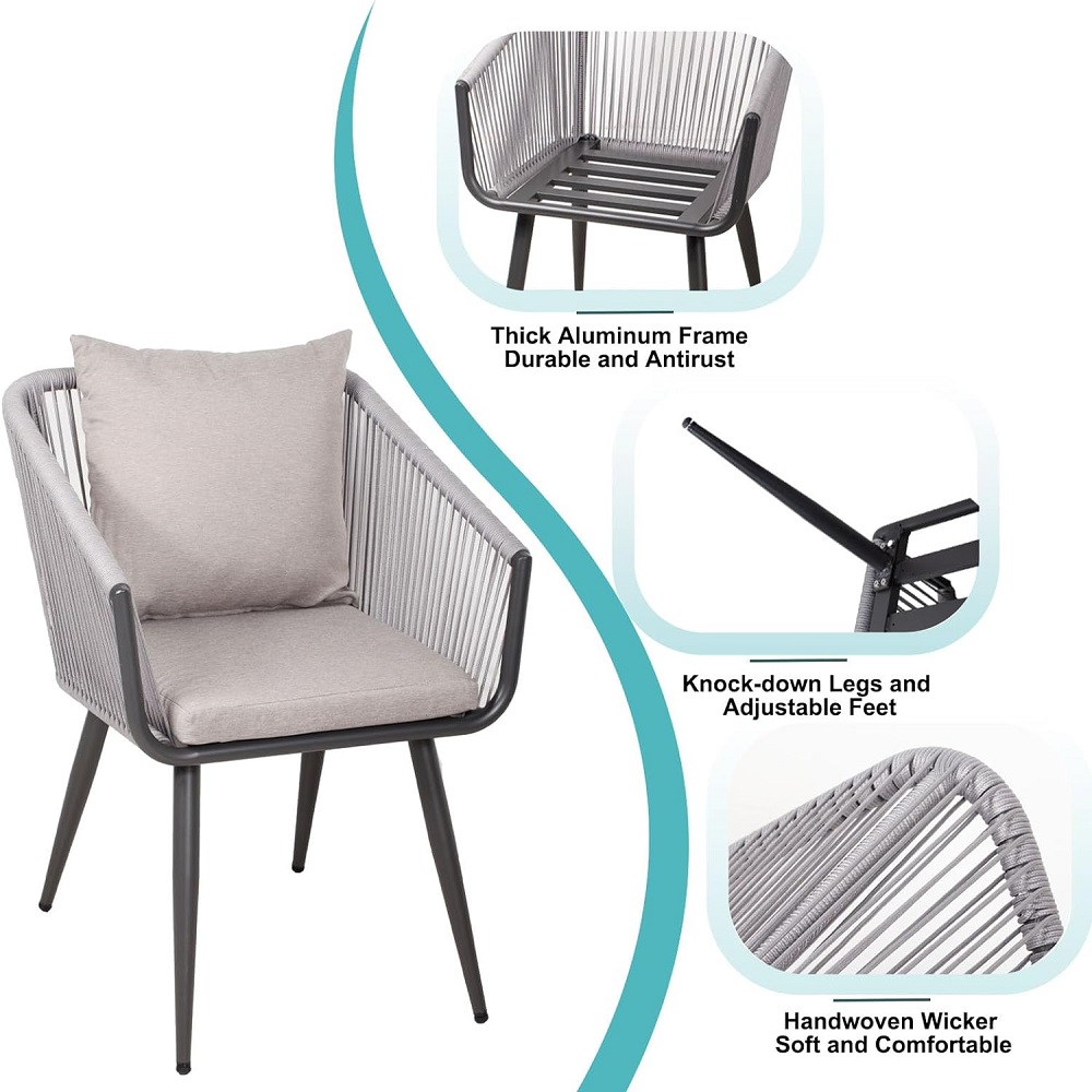All-Weather Outdoor & Indoor Patio Conversation Bistro Set of 3,2-Piece Woven Chairs with Cushions + Side Table,Aluminium Frame for Backyard,Balcony,Garden,Porch