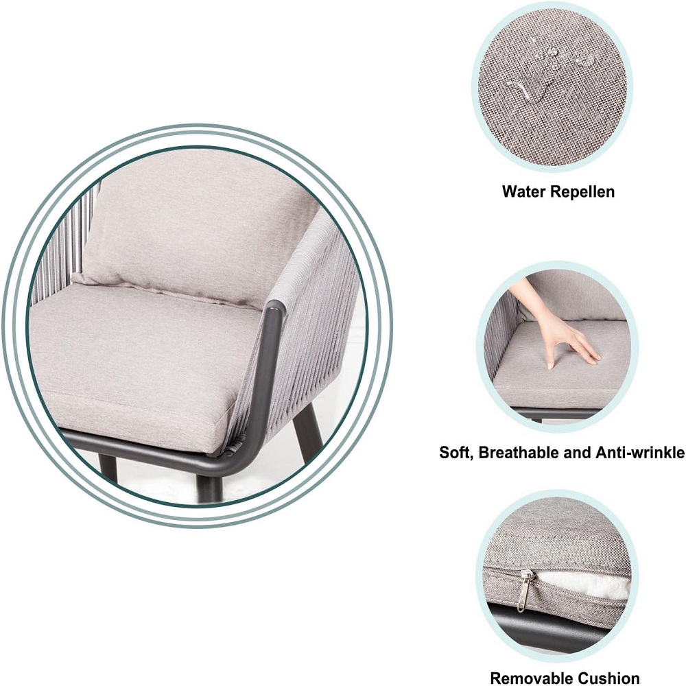 All-Weather Outdoor & Indoor Patio Conversation Bistro Set of 3,2-Piece Woven Chairs with Cushions + Side Table,Aluminium Frame for Backyard,Balcony,Garden,Porch
