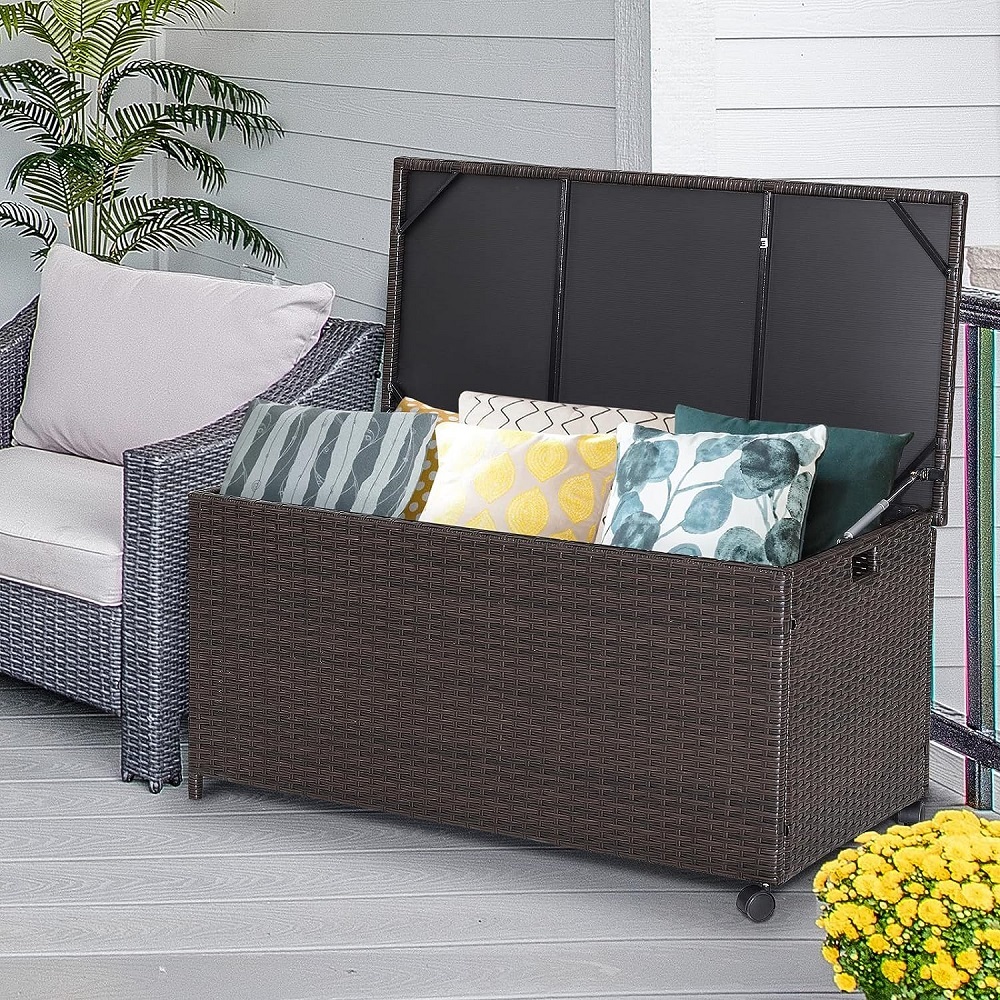 WYHS-T293 Mix Brown Rattan Deck Storage Box, Patio Rattan Storage Container with 2 Universal Wheels, Safety Pneumatic Rod, Zippered Liner, Sturdy Steel Frame, Ideal for Backyard, Poolside,Patio.