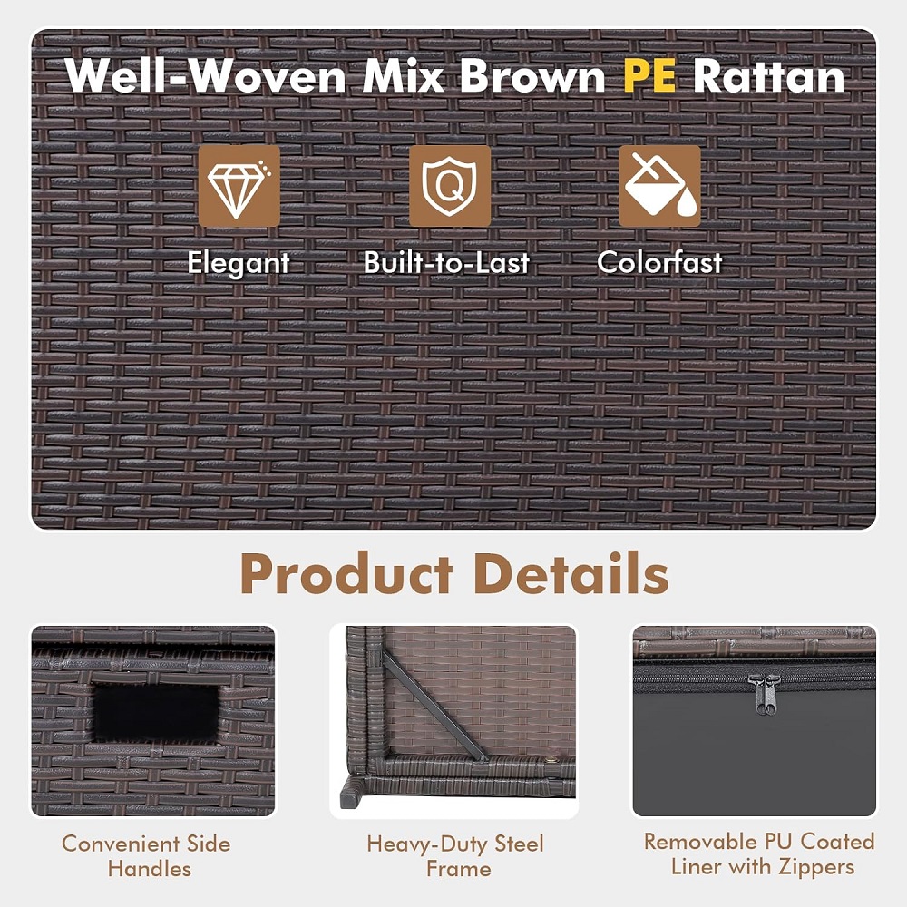 WYHS-T293 Mix Brown Rattan Deck Storage Box, Patio Rattan Storage Container with 2 Universal Wheels, Safety Pneumatic Rod, Zippered Liner, Sturdy Steel Frame, Ideal for Backyard, Poolside,Patio.