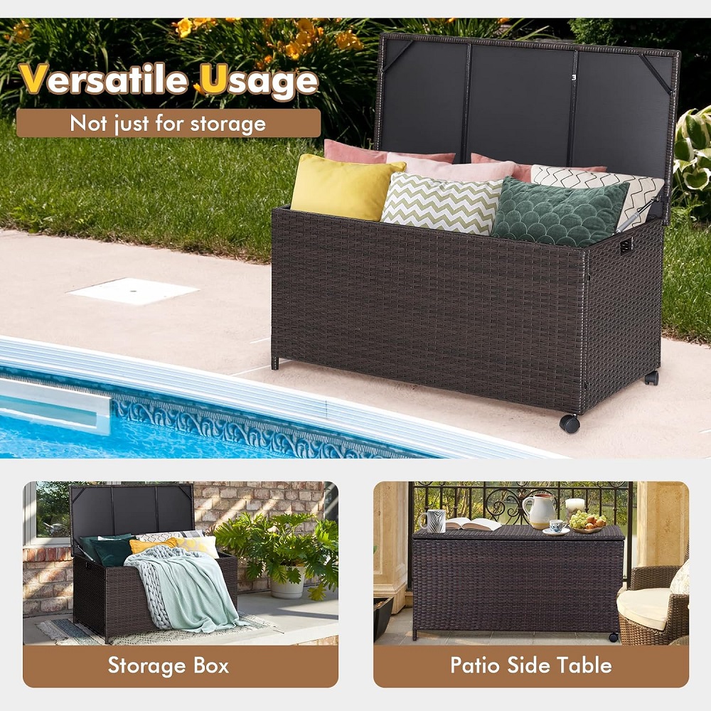 WYHS-T293 Mix Brown Rattan Deck Storage Box, Patio Rattan Storage Container with 2 Universal Wheels, Safety Pneumatic Rod, Zippered Liner, Sturdy Steel Frame, Ideal for Backyard, Poolside,Patio.