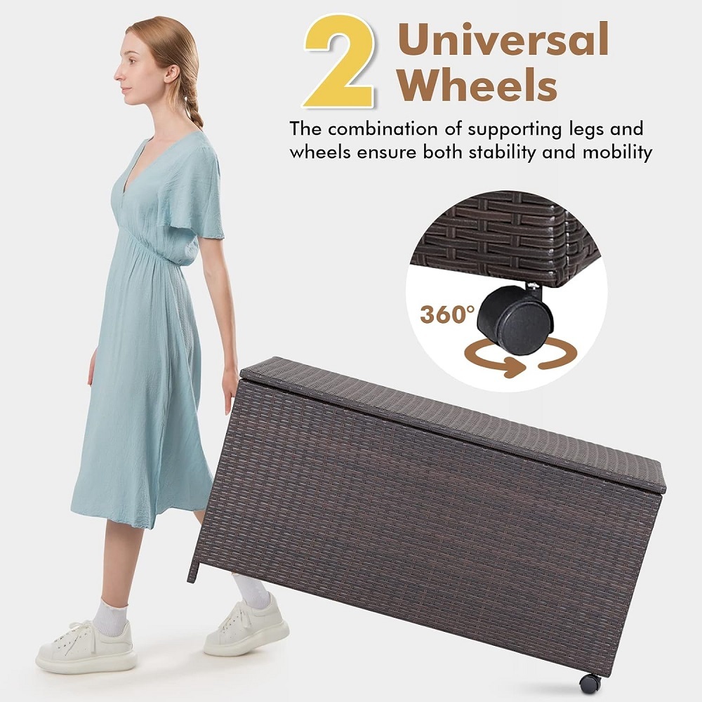 WYHS-T293 Mix Brown Rattan Deck Storage Box, Patio Rattan Storage Container with 2 Universal Wheels, Safety Pneumatic Rod, Zippered Liner, Sturdy Steel Frame, Ideal for Backyard, Poolside,Patio.
