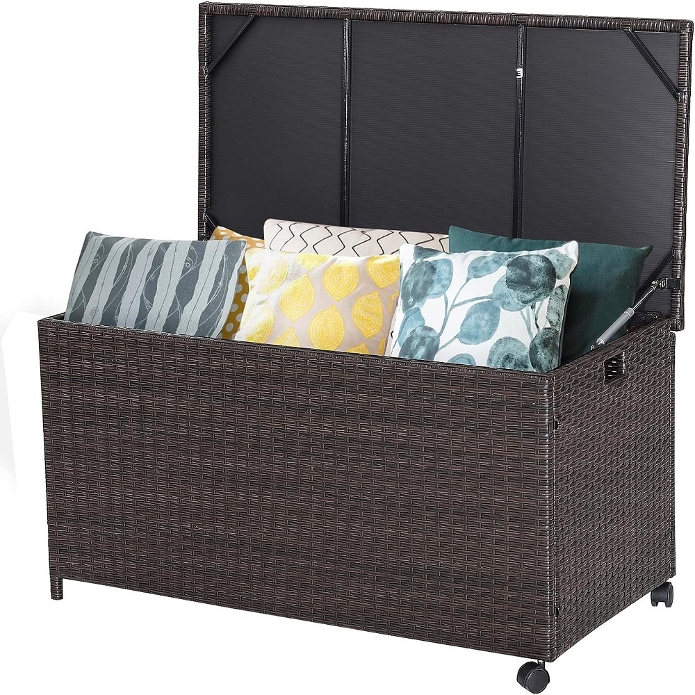 Mix Brown Rattan Deck Storage Box, Patio Rattan Storage Container with 2 Universal Wheels, Safety Pneumatic Rod, Zippered Liner, Sturdy Steel Frame, Ideal for Backyard, Poolside,Patio.