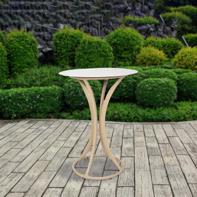 WYHS-T286 Rattan High Table with Marble Top and Curved Legs, Anti-Rust Steel High Table for Garden, Modern Weatherproof Outdoor End Table