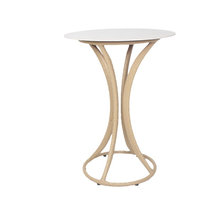 WYHS-T286 Rattan High Table with Marble Top and Curved Legs, Anti-Rust Steel High Table for Garden, Modern Weatherproof Outdoor End Table