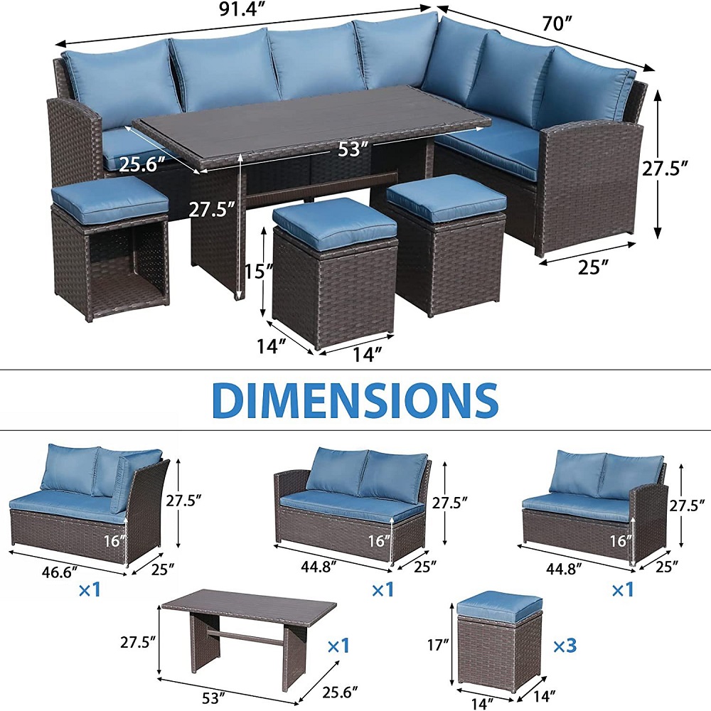 WYHS-T001 7 Pieces Wicker Patio Furniture Set, Rattan Sofa with Coffee Table, Ottomans & Blue Cushions, Sectional Conversation Sofa Set for Porch, Poolside.