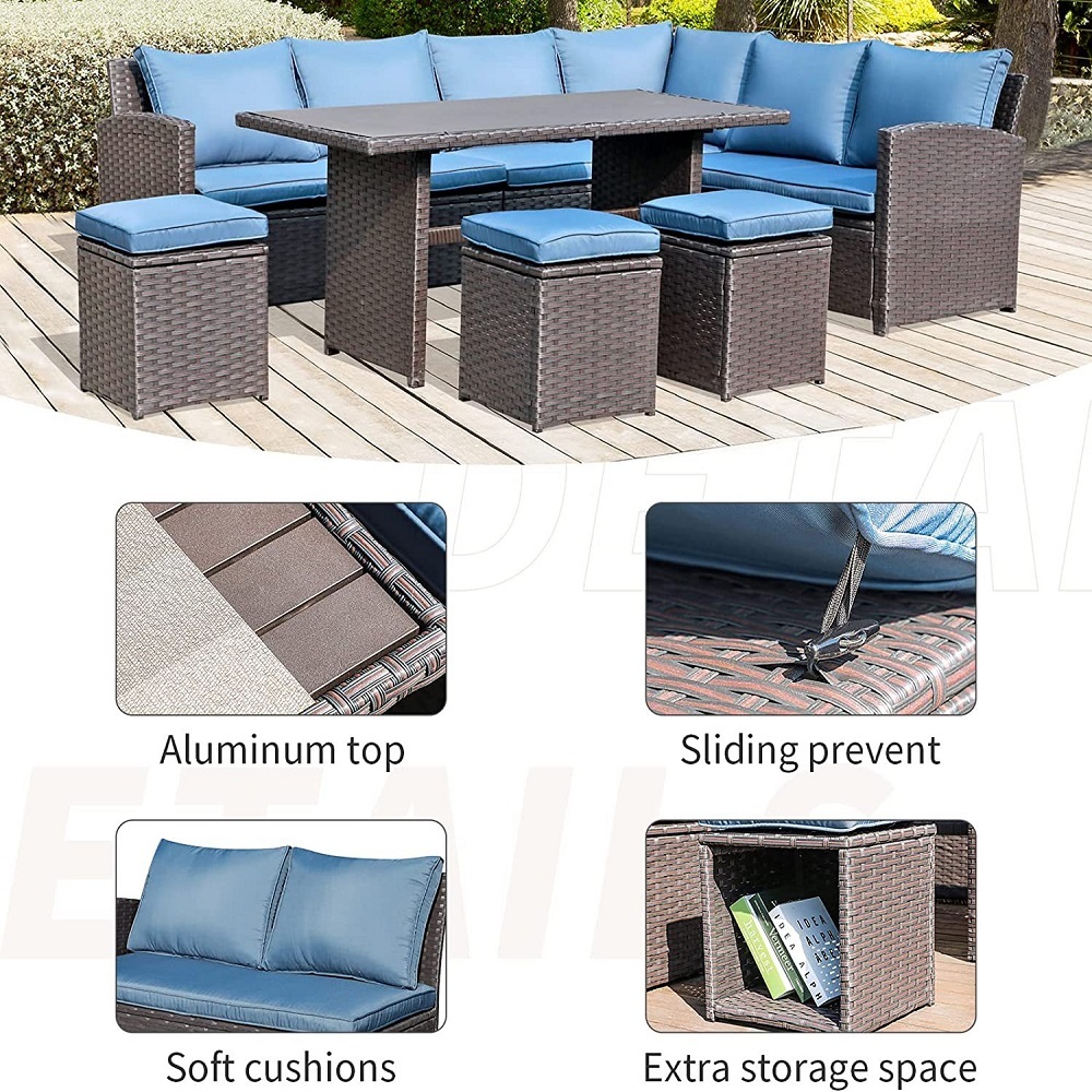WYHS-T001 7 Pieces Wicker Patio Furniture Set, Rattan Sofa with Coffee Table, Ottomans & Blue Cushions, Sectional Conversation Sofa Set for Porch, Poolside.