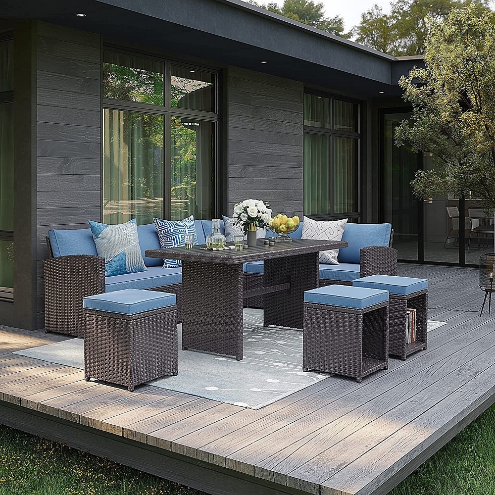 WYHS-T001 7 Pieces Wicker Patio Furniture Set, Rattan Sofa with Coffee Table, Ottomans & Blue Cushions, Sectional Conversation Sofa Set for Porch, Poolside.