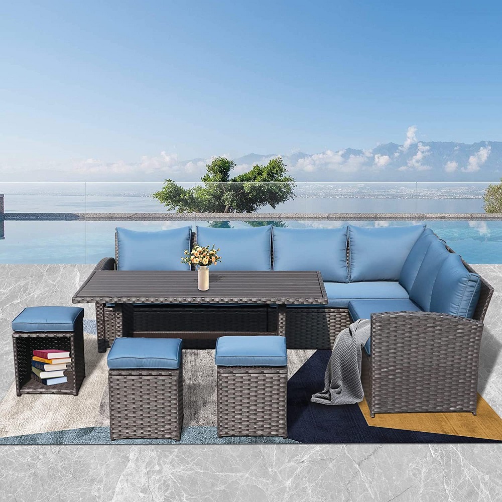 WYHS-T001 7 Pieces Wicker Patio Furniture Set, Rattan Sofa with Coffee Table, Ottomans & Blue Cushions, Sectional Conversation Sofa Set for Porch, Poolside.