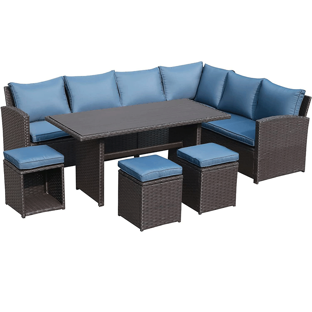 WYHS-T001 7 Pieces Wicker Patio Furniture Set, Rattan Sofa with Coffee Table, Ottomans & Blue Cushions, Sectional Conversation Sofa Set for Porch, Poolside.