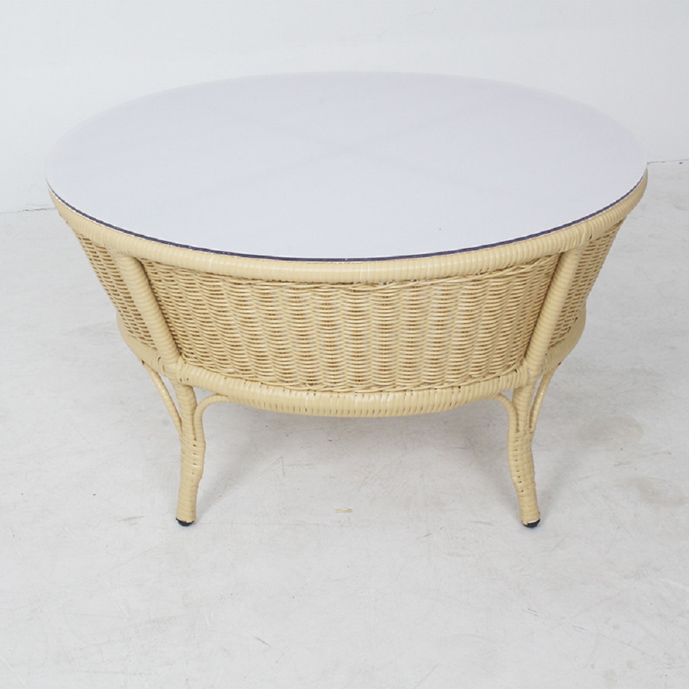  WYHS-T283 Small Outdoor Coffee Side End Table for Outside Patio Storage, Yellow All Weather Wicker with Marble Top, Rectangle