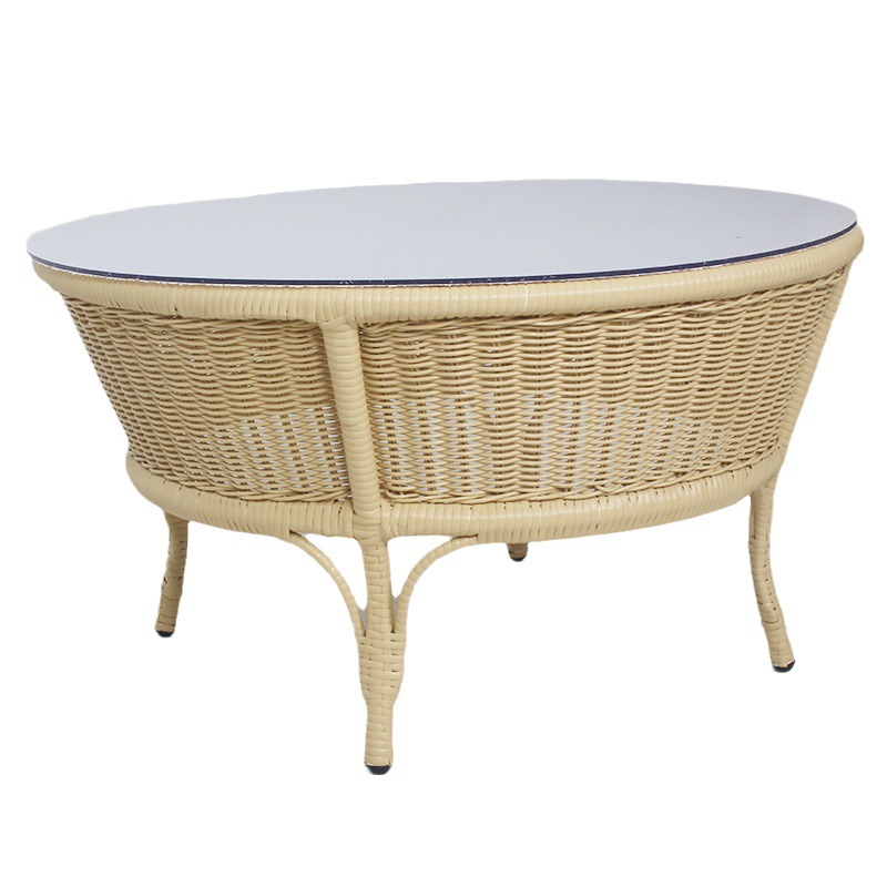  WYHS-T283 Small Outdoor Coffee Side End Table for Outside Patio Storage, Yellow All Weather Wicker with Marble Top, Rectangle