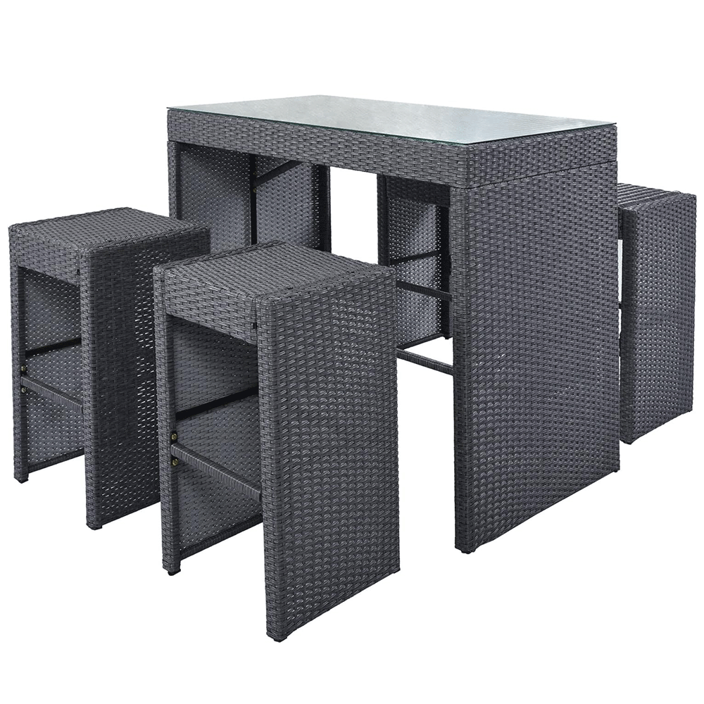 WYHS-T102 5 Piece Outdoor Patio Rattan Counter Height Dining Set Conversation with 4 Stools and Tempered Glass Table