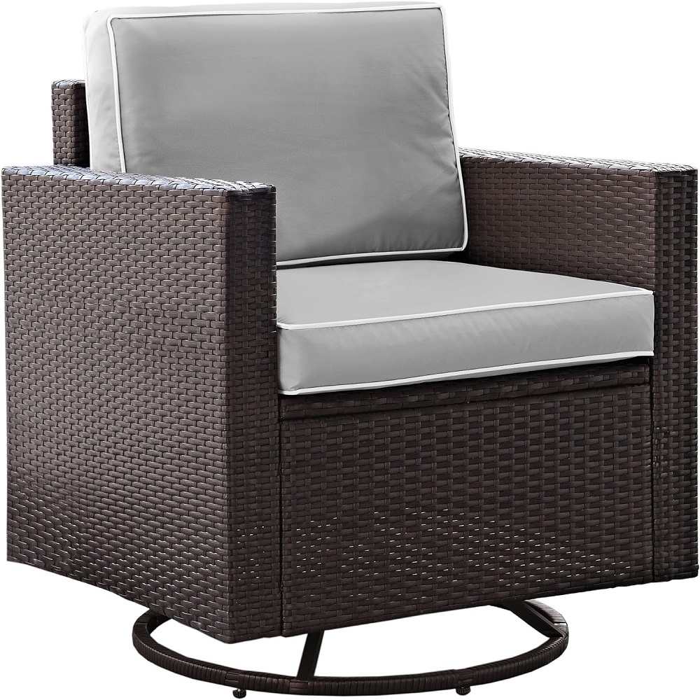 Outdoor 360 Degree Swivel Rocking Wicker Patio Chair with Deep Brown Cushions.