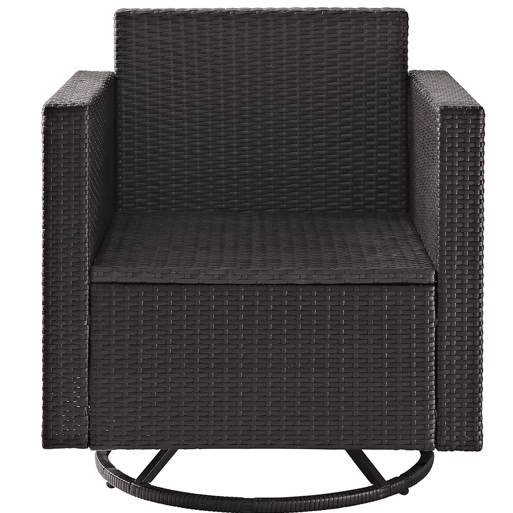 Outdoor 360 Degree Swivel Rocking Wicker Patio Chair with Deep Brown Cushions.