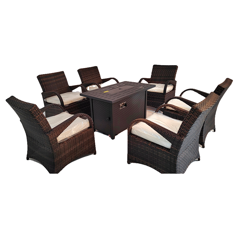 7-Pieces Rattan Dinning Sofa,Chairs with a Fire Pit Table