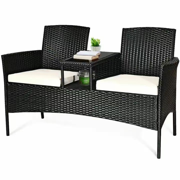 2 Person Rattan Seating, Rattan Conversation Set with Cushions and Built-in Coffee Table for Garden, Lawn, Backyard,