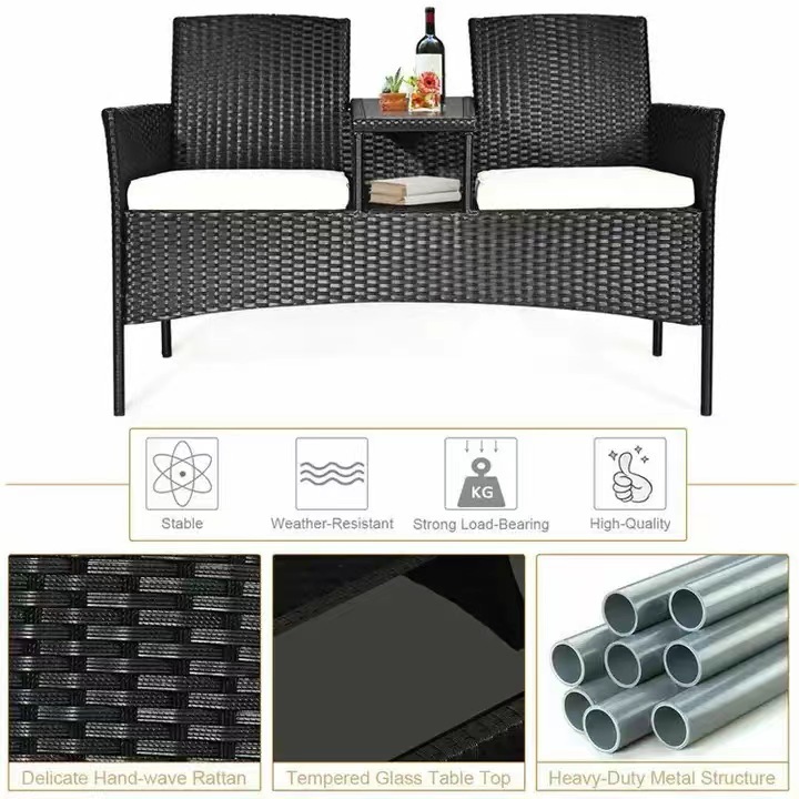 2 Person Rattan Seating, Rattan Conversation Set with Cushions and Built-in Coffee Table for Garden, Lawn, Backyard,