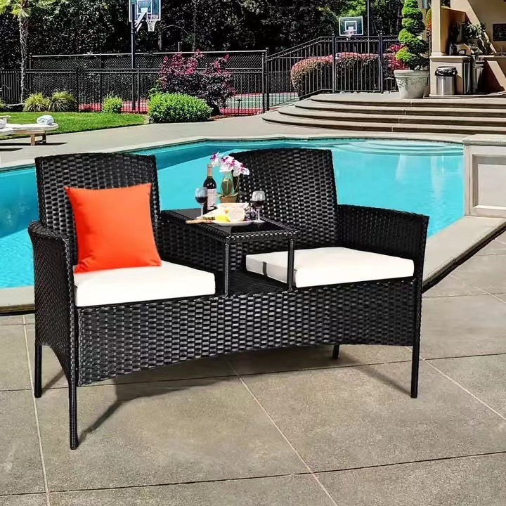 2 Person Rattan Seating, Rattan Conversation Set with Cushions and Built-in Coffee Table for Garden, Lawn, Backyard,