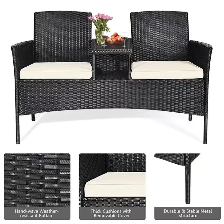 2 Person Rattan Seating, Rattan Conversation Set with Cushions and Built-in Coffee Table for Garden, Lawn, Backyard,