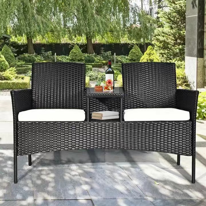 2 Person Rattan Seating, Rattan Conversation Set with Cushions and Built-in Coffee Table for Garden, Lawn, Backyard,