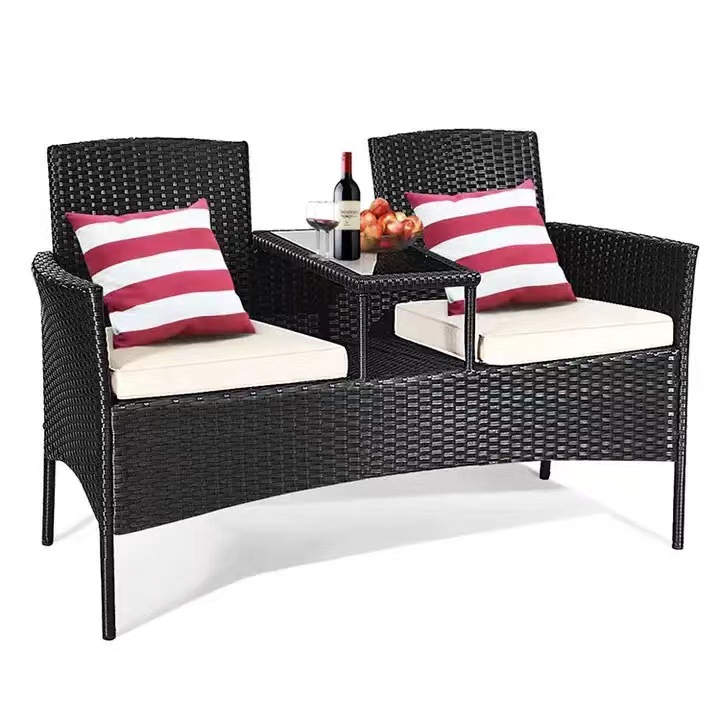 2 Person Rattan Seating, Rattan Conversation Set with Cushions and Built-in Coffee Table for Garden, Lawn, Backyard,