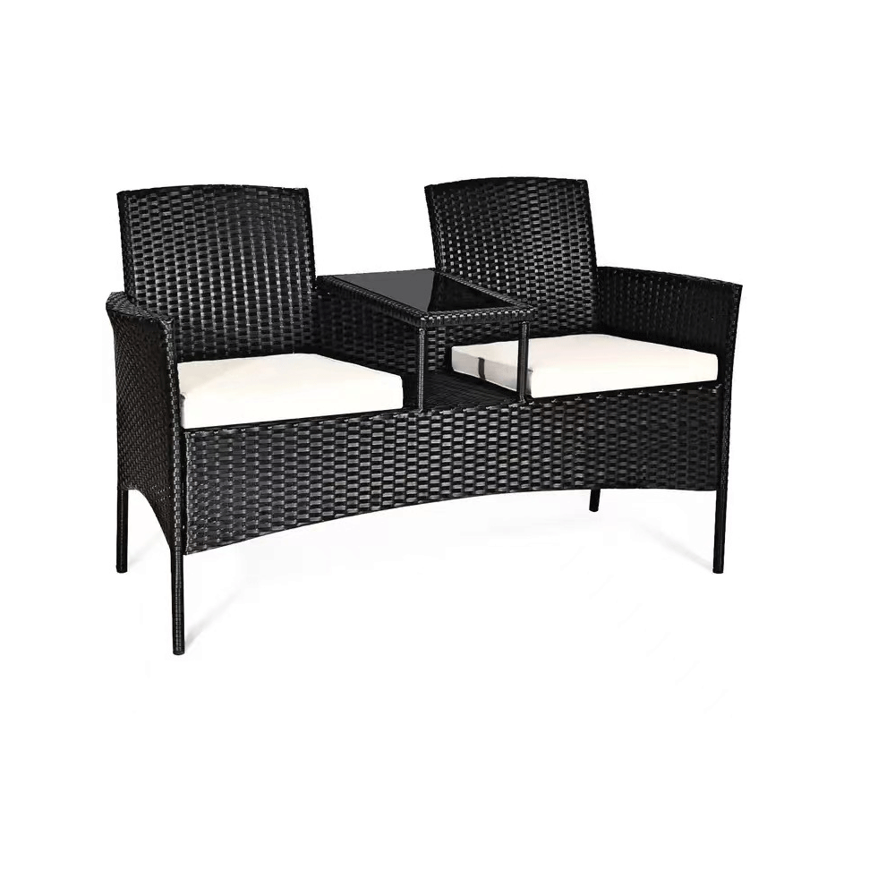 2 Person Rattan Seating, Rattan Conversation Set with Cushions and Built-in Coffee Table for Garden, Lawn, Backyard,
